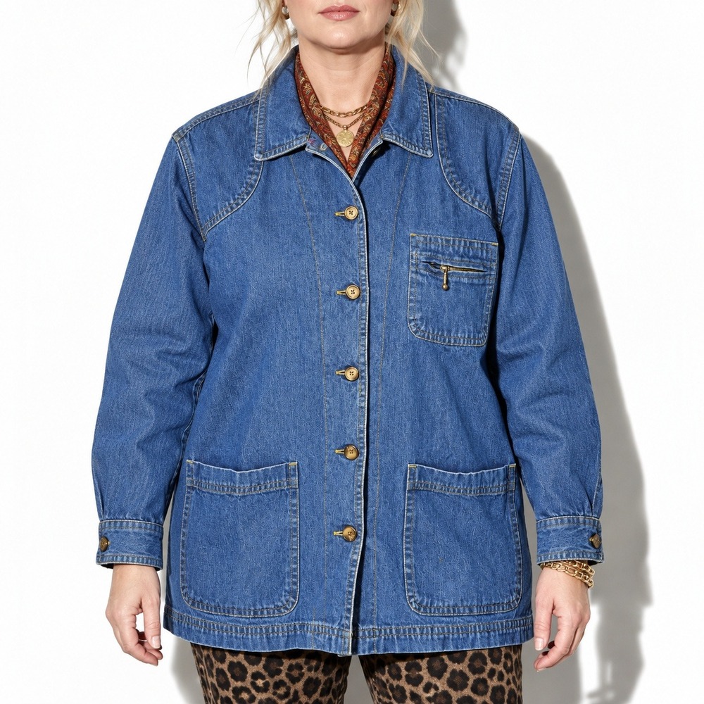 Denim Chore Coat Womens L Medium Wash Cotton Utility Jacket Vintage Cabin Creek